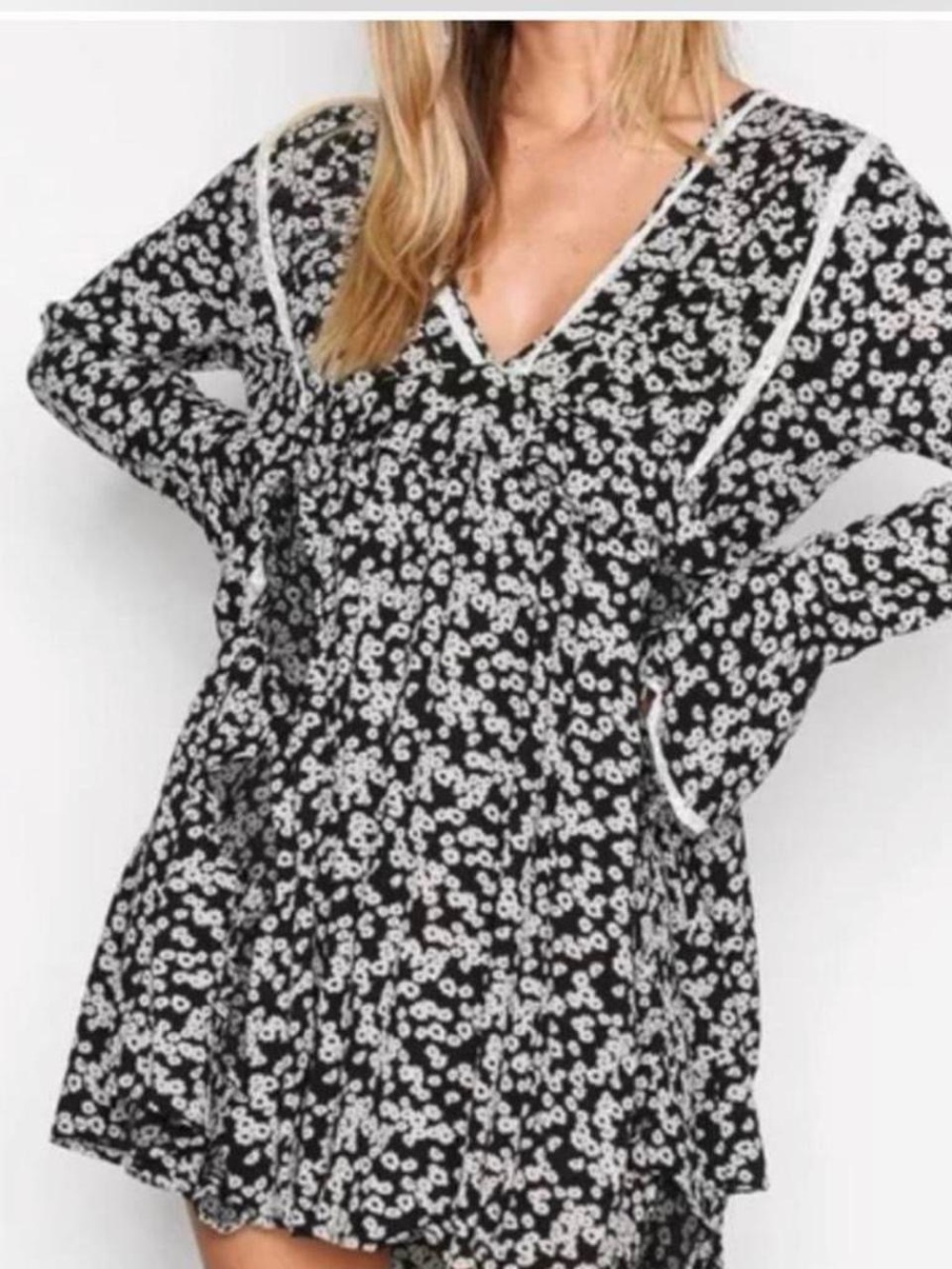 Free People Like You‎ Best black and white floral long sleeve mini dress xs